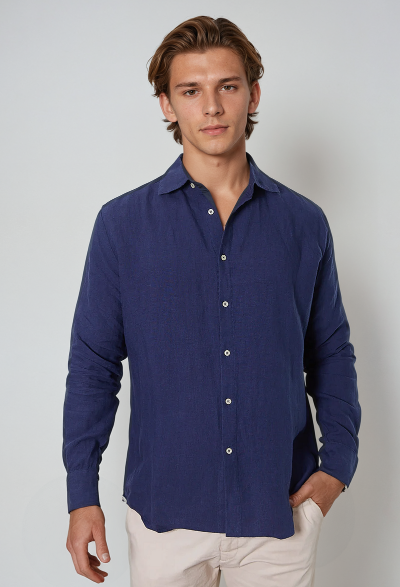 Navy Long-Sleeve Linen Shirt